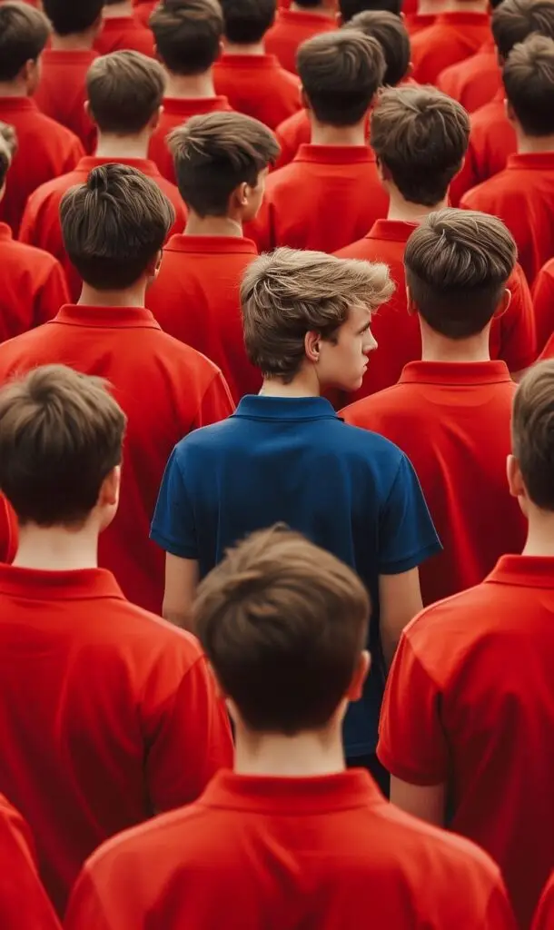 conformity, red crowd, blue shirt