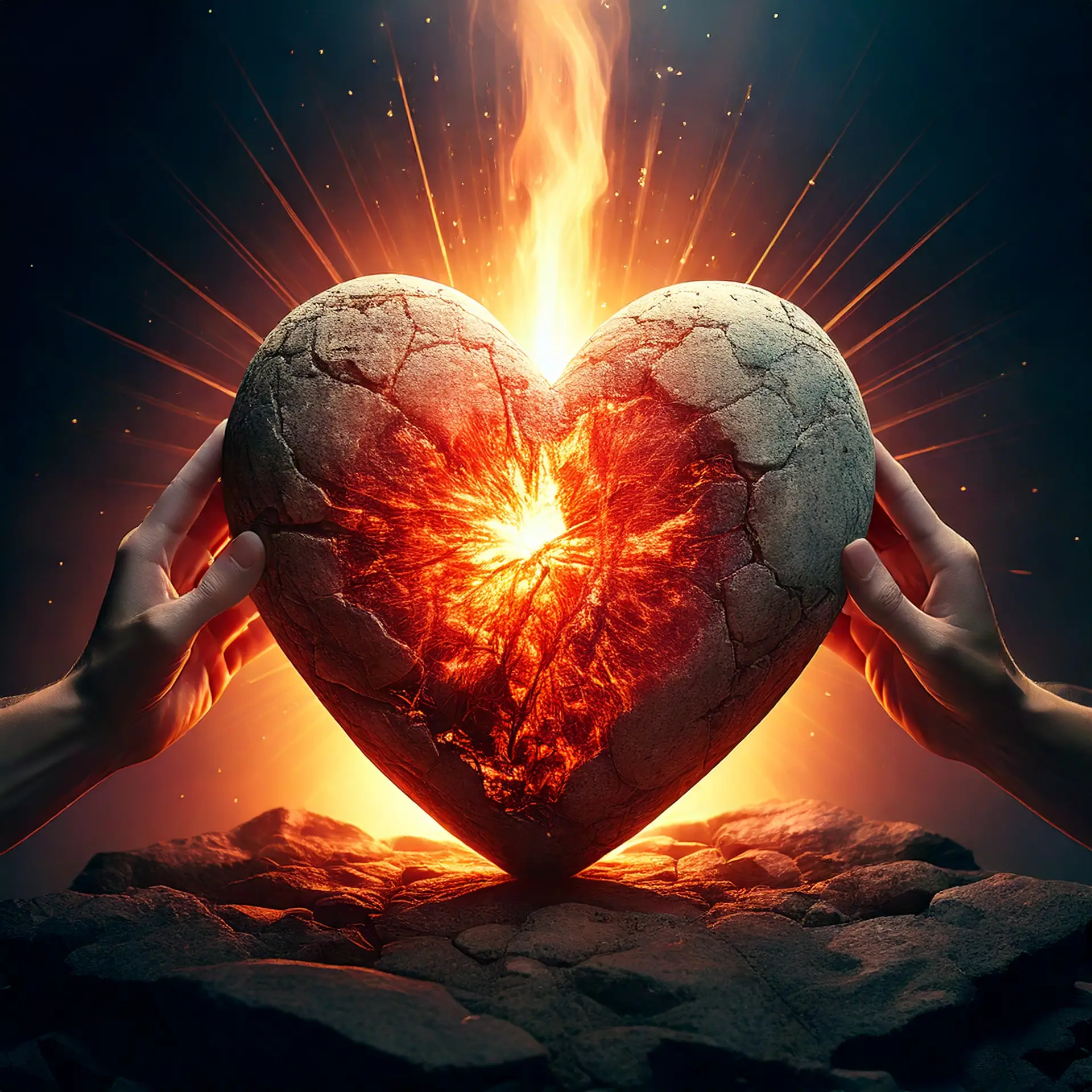 A stone heart being turned into a flesh heart by the light and love of God.jpg